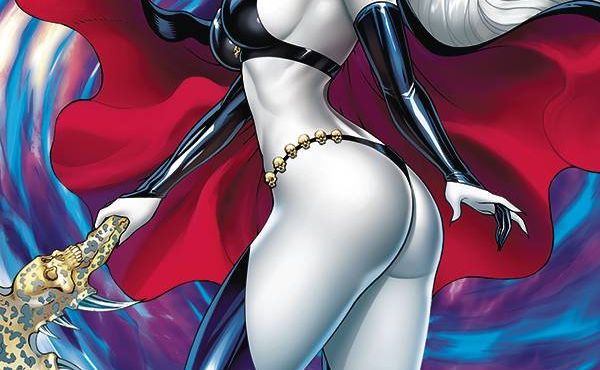 cover of Lady Death: Sacrificial Annihilation #2 from Coffin Comics showing Lady Death (woman with white hair, white skin, and white supernatural eyes in a black leather bikini top and black thong bottom in a red and black cape) standing with her butt facing the audience in a boobs and butt pose, her back is twisted and bent inward at over 90 degrees, and both her breasts are visible to the audience as well as both buttcheeks