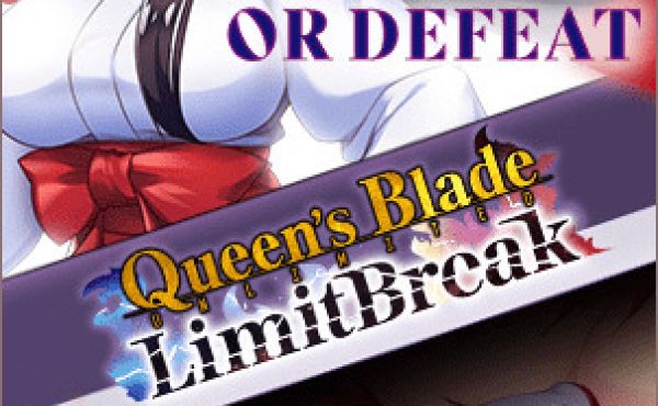 ad for Queen's Blade that reads "whether in victory or defeat, I'll Brave it All!" showing an anime girl with black hair and red bows in a white robe at the top, and then her lying on the ground moaning with her robe ripped open at the bottom