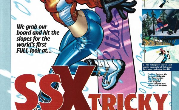 article in PSM issue 50 (Oct. 2001) about SSX tricky showing a blonde haired girl drawn in comic book style on a snowboard showing boobs and butt with boobsocks hugging each breast