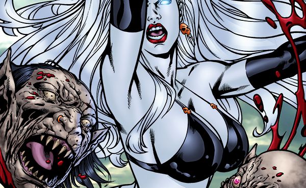 cover of Lady Death: Blacklands #1 from Avatar Press that shows Lady Death (white skinned white haired woman with supernatural white eyes in a black leather bikini and black thong with black thigh highs and elbow gloves) slicing the heads off 2 enemies in the foreground with her sword, she is standing in a boobs and butt pose with her butt thrust out and a 90 degree bend in her spine with her butt horizontal and torso vertical