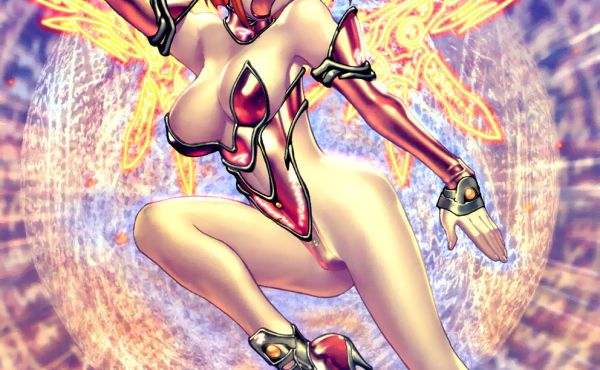 Cover of "X-Men: Phoenix - Legacy of Fire 2" by Marvel Max comics showing a white girl in a manga-style art with a red bob wearing pink/red armor on her arms and on her chest in a V going from her bellybutton to cover the tops of her breasts, she is wearing an almost flesh-toned strip of fabric covering her crotch
