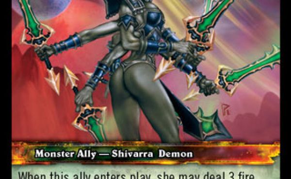 CCG card of WoW character Shivarra Deathspeaker showing a grey skinned multi-armed woman standing with her butt in a thong facing the audience viewpoint and her torso twisted so we can see one breast and the hint of another