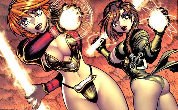 panel from X-Men: Phoenix - Legacy of Fire #2 showing 2 girls drawn pseudo-manga style with big puffy lips, small noses and big eyes, one has short red hair & the other has brown hair, the red girl is in a red top with sleeves and a gold V top that covers the tops of her breasts and a gold string bikini with a thong with the top hanging down, she has one arm behind her that may or may not be disconnected, the brunette is in a V cut black/gold leotard and in a strong boobs & butt pose