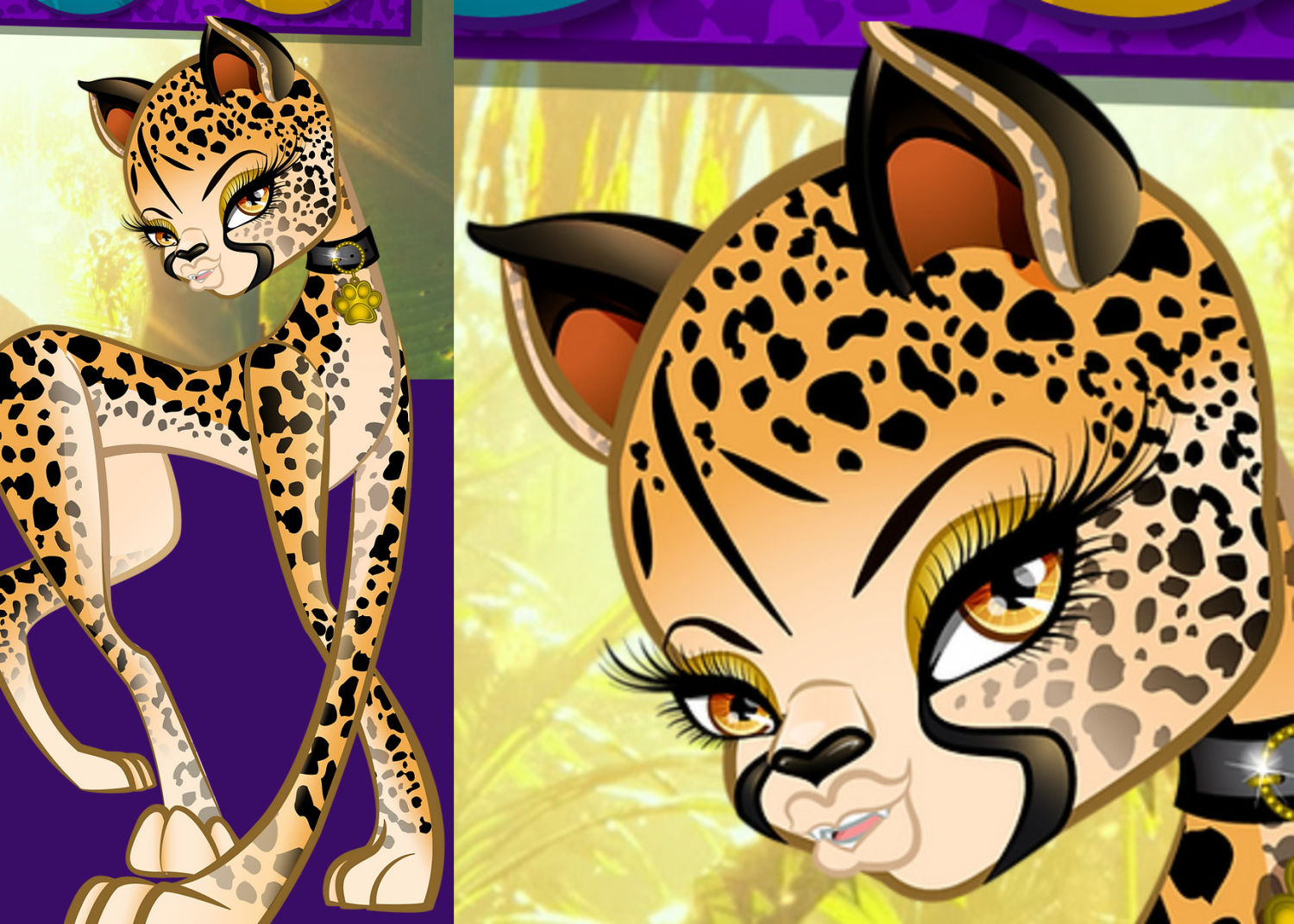 full body image and a close up of Wild Childz promo art cheetah head showing her eyeliner, mascara and large human lips