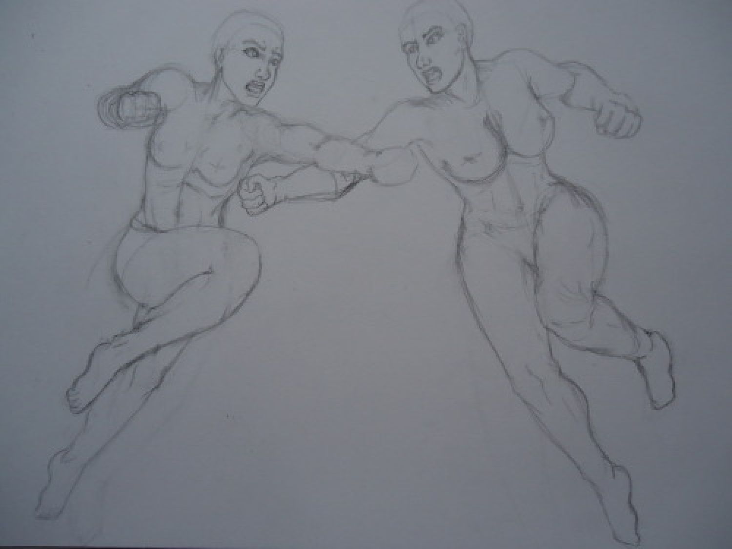 pencil outline of the supergirl powergirl fight redraw by TheDreadVampy on Tumblr depicting the non-clothed character models of Supergirl and Powergirl flying at each other and punching
