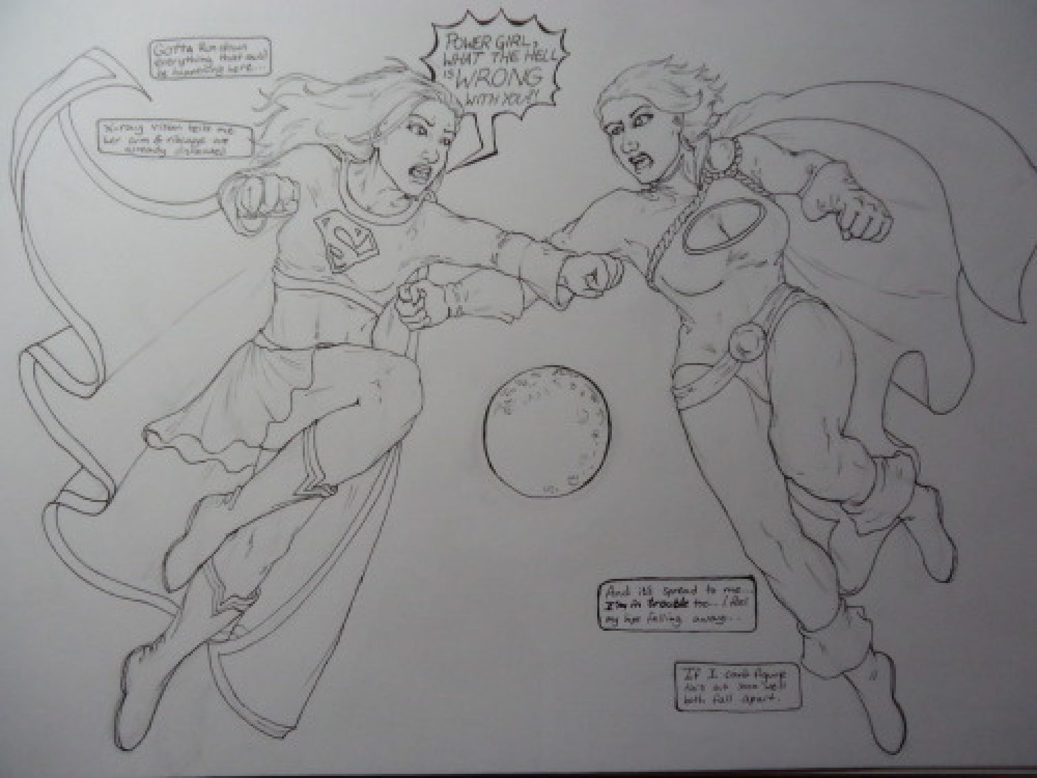 pencil sketch of the supergirl powergirl fight redraw by TheDreadVampy on Tumblr depicting the finished redraw of Supergirl and Powergirl flying at each other and punching, their clothes are roughly the same as in the original but their proportions are more realistic and less stick figures and their poses make a little more sense
